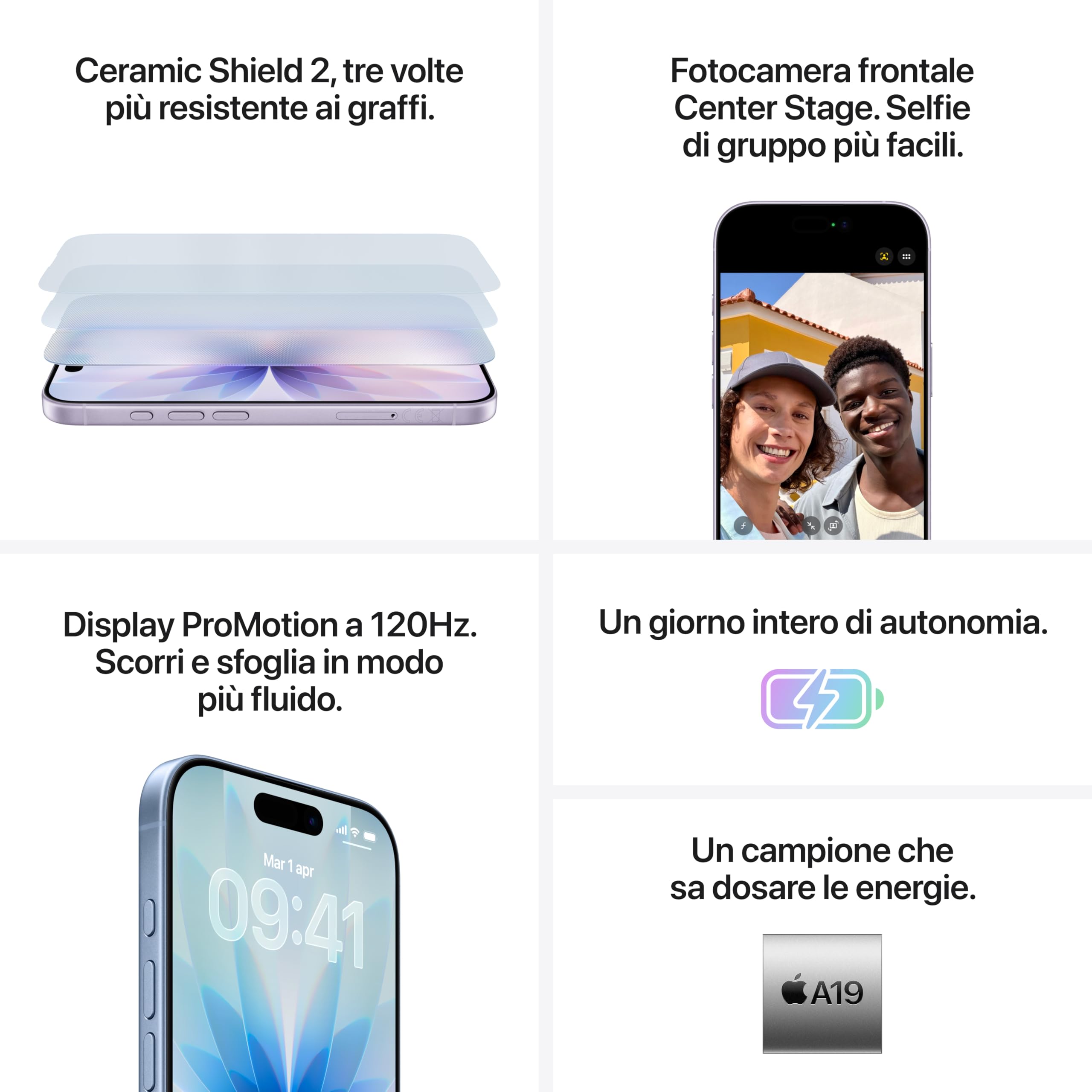 Apple iPhone 17 256 GB: display 6,3" con ProMotion, chip A19, fotocamera frontale Center Stage per selfie di gruppo più facili, più resistenza ai graffi, un giorno intero di batteria; Lavanda