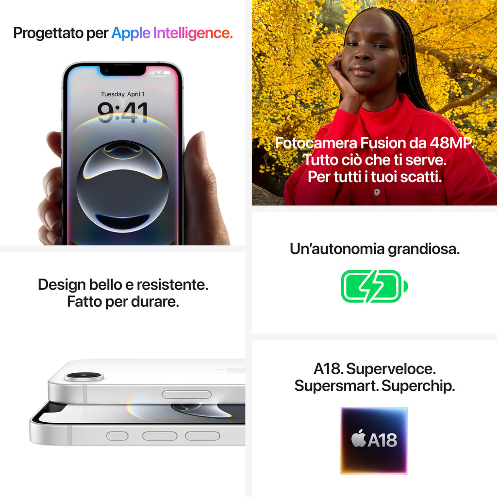 Apple iPhone 16e 128 GB: progettato per Apple Intelligence, con chip A18, un’autonomia grandiosa, fotocamera Fusion da 48MP e display Super Retina XDR 6,1''; Bianco