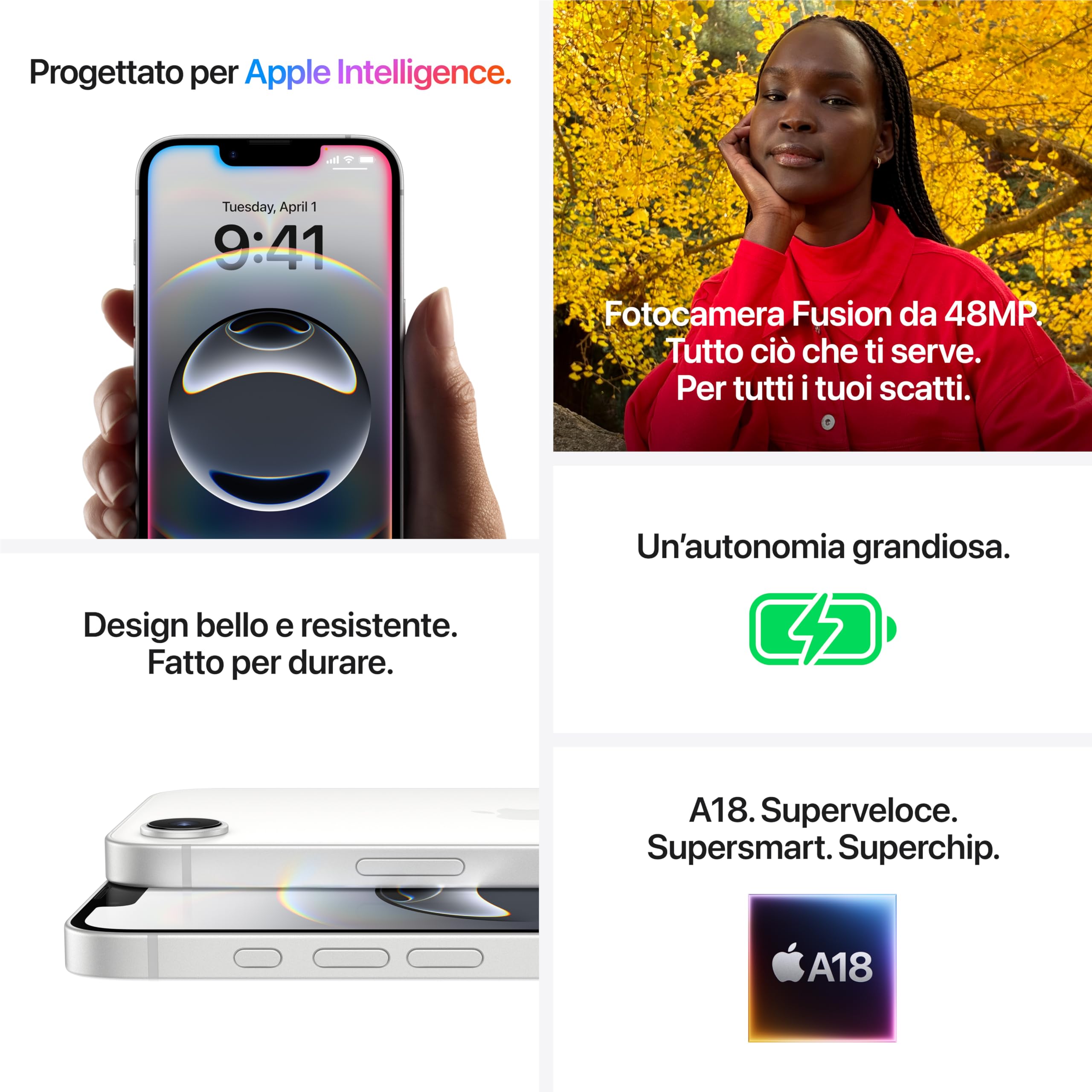 Apple iPhone 16e 128 GB: progettato per Apple Intelligence, con chip A18, un’autonomia grandiosa, fotocamera Fusion da 48MP e display Super Retina XDR 6,1''; Bianco